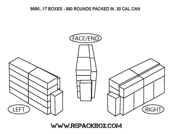 9MM - REPACKBOX® 50 BOX KIT - Military Cardboard Ammo Box Holds 50 Rounds - Packs 2500 - Fast Loader Tray Included