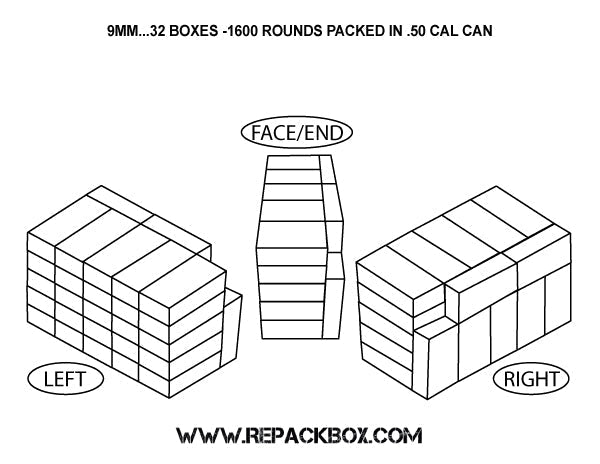 9MM - REPACKBOX® 50 BOX KIT - Military Cardboard Ammo Box Holds 50 Rounds - Packs 2500 - Fast Loader Tray Included